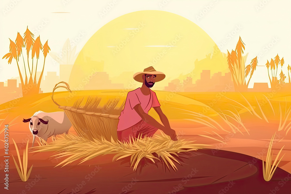 Indian agriculture working. Farmer harvesting in field asia vector ...