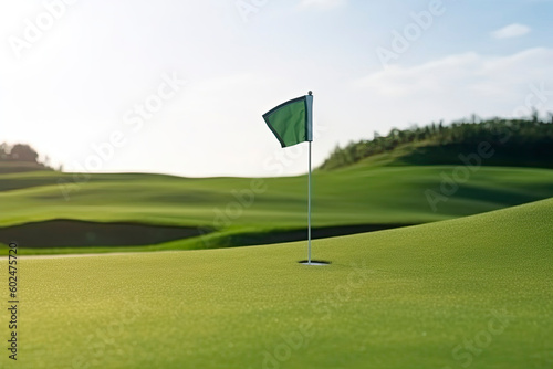 Golf ball and a flag on green hill