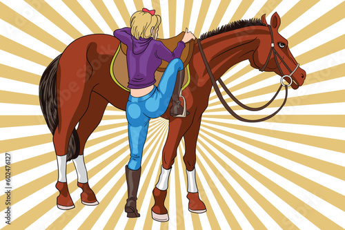 Saddle Up: A Vector Illustration of a Young Girl's Horse Riding Lesson