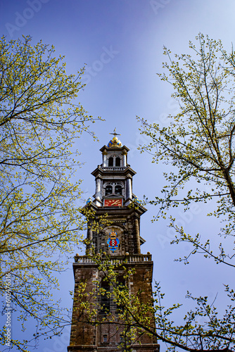 Canvas Print Looking Up at the Iconic Steeple of Westerkerk Church Framed by Trees Putting Fo