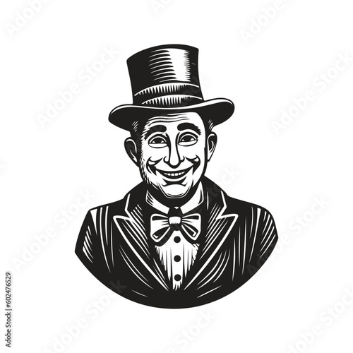 circus clown wearing suit, vintage logo line art concept black and white color, hand drawn illustration