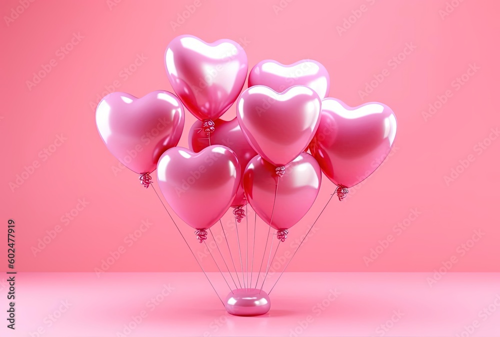 valentines day heart shaped balloons on pink background, generative ai