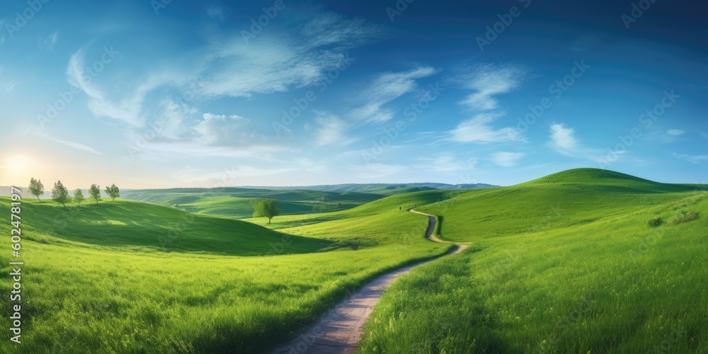 Abstract summer meadow landscape with sunny blue skies and green grass fields. Peaceful background.