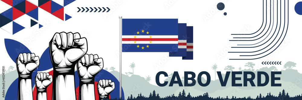 Fototapeta premium Celebrate Cabo Verde independence in style with bold and iconic flag colors. raising fist in protest or showing your support, this design is sure to catch the eye and ignite your patriotic spirit!