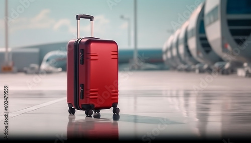 A Red suitcase on a runway with blurred airport in the background. Business travel concept. Travel background. Airport background.
