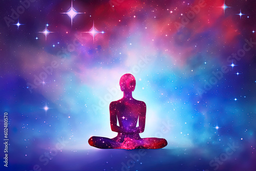 a woman meditating under a galaxy sky