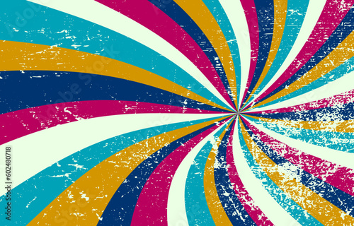 retro sunburst background with grunge texture pattern in 60s hippy groovy style vintage color palette of blue gold yellow beige and pink in spiral or swirled radial striped starburst vector design
