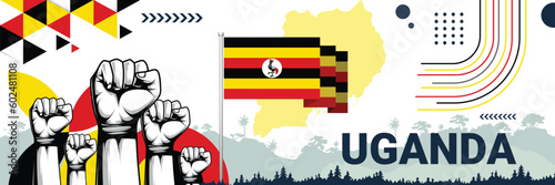 Celebrate Uganda independence in style with bold and iconic flag colors. raising fist in protest or showing your support, this design is sure to catch the eye and ignite your patriotic spirit!