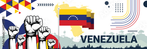 Celebrate Venezuela independence in style with bold and iconic flag colors. raising fist in protest or showing your support, this design is sure to catch the eye and ignite your patriotic spirit!