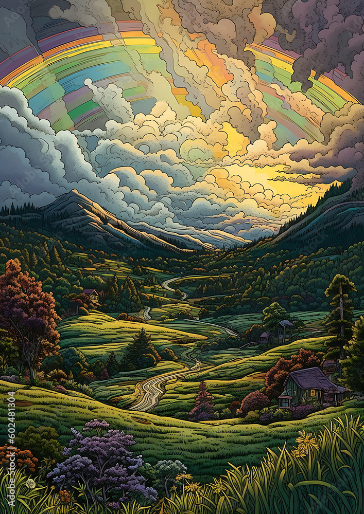 Fototapeta premium Illustration of meadow in a rural community with green grass surrounded by hills and mountains, generative ai