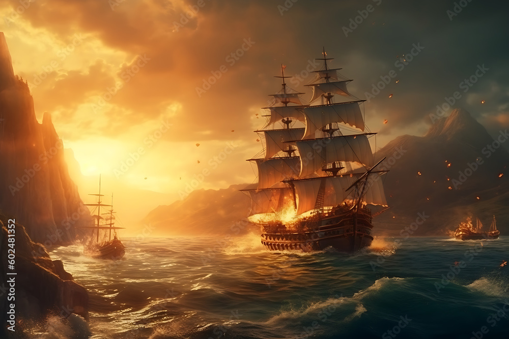 group of galleons on fire on sea in combat with tall mountains in the distance, golden sunlight, light shafts with twilight sky generative ai