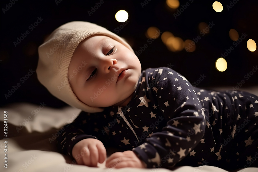 Baby sleeping in baby blue clothes lying on the bed at night, stars and moon background, warm light, generative ai Baby sleeping in baby blue clothes lying on the bed at night, stars and moon background, warm light, generative ai