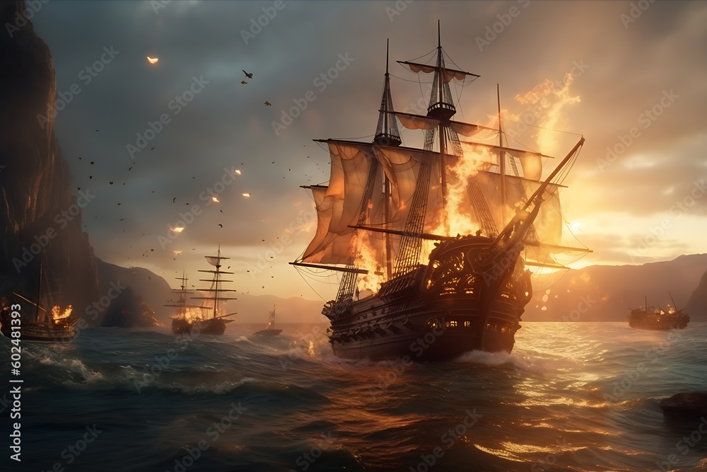 Obraz premium group of galleons on fire on sea in combat with tall mountains in the distance, golden sunlight, light shafts with twilight sky generative ai