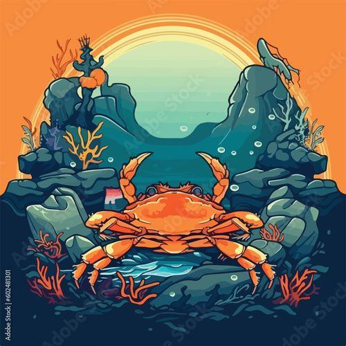 vintage crab in under water ocean sea view scene logo vector illustration