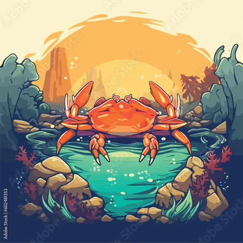 vintage crab in under water ocean sea view scene logo vector illustration
