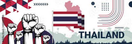 Celebrate Thailand independence in style with bold and iconic flag colors. raising fist in protest or showing your support, this design is sure to catch the eye and ignite your patriotic spirit!