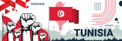 Celebrate Tunisia independence in style with bold and iconic flag colors. raising fist in protest or showing your support, this design is sure to catch the eye and ignite your patriotic spirit!