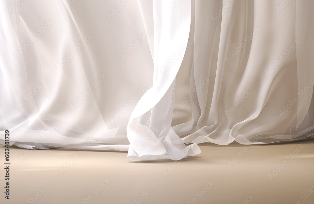 Soothing, mesmerizing wavy harmony movement of layer of blowing white, beige silky smooth sheer fabric cloth curtain in soft beautiful light on brown floor stage. Beauty, fashion product background 3D Soothing, mesmerizing wavy harmony movement of layer of blowing white, beige silky smooth sheer fabric cloth curtain in soft beautiful light on brown floor stage. Beauty, fashion product background 3D