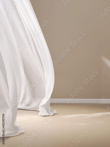 Beautiful sunlight  blowing white sheer curtain from open window on blank beige brown wall  floor  white baseboard for interior design decoration  air flow ventilation home product background 3D