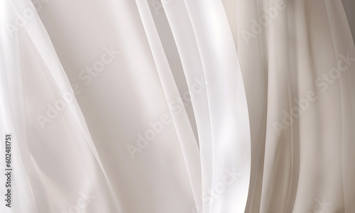 Soft, smooth, wavy layer of white and beige blowing wavy curtain, sheer silky fabric cloth in soft beautiful light. Luxury, elegant beauty, cosmetic, skincare, body care, fashion product background 3D