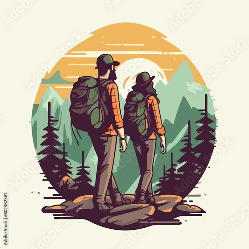 vintage hiking camp couple in pine tree forest mountain logo vector illustration