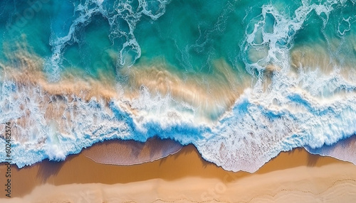 Ocean waves on the beach as a background. Amazing natural summer vacation. Aerial top down view of beach and sea with blue and green water waves. Holidays background. Sea background.