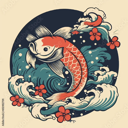 vintage japan koi fish water element traditional japanese  ornament logo vector illustration