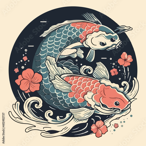 vintage japan koi fish water element traditional japanese  ornament logo vector illustration