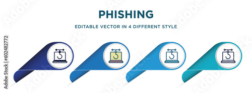 phishing icon in 4 different styles such as filled, color, glyph, colorful, lineal color. set of vector for web, mobile, ui