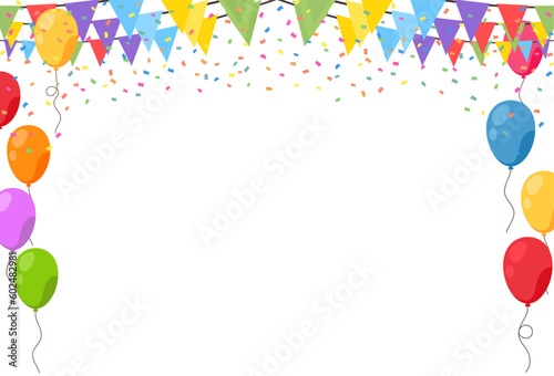 Celebrate hanging triangular garlands, balloons, and confetti. Colorful flags party isolated on white background. Birthday, Christmas, anniversary, and festival fair concept. Vector illustration.