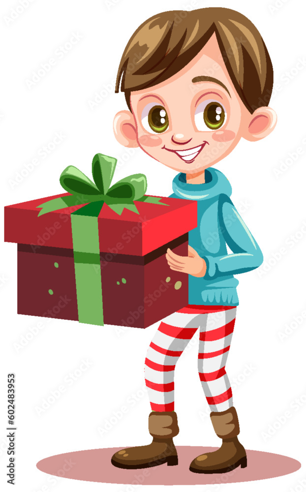Christmas cartoon character holding gift box Christmas cartoon character holding gift box