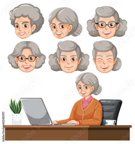 Set of grandmother with different facial expression using computer