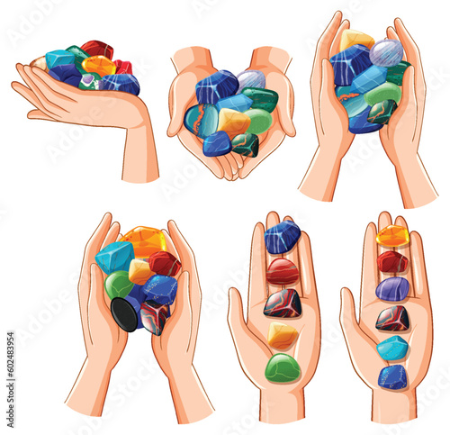 Set of human hands with healing crystals