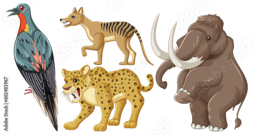 Set of various extinct animals