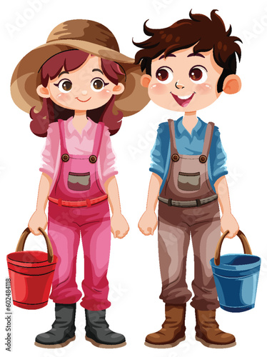 Cute gardener cartoon character with bucket