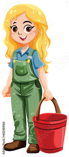 Cute gardener cartoon character with bucket