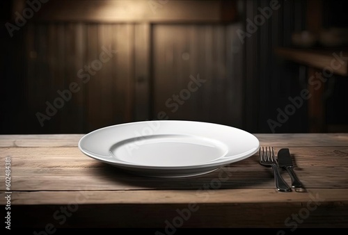 white plate in kitchen open kitchen empty plate on a wooden table with a knife, generative ai
