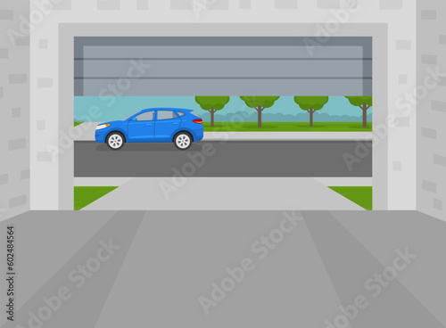 Opened home garage door. View from inside to the street. Indoor parking. Flat vector illustration template.