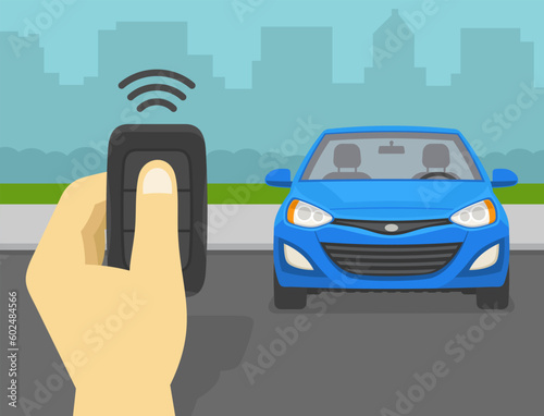 Close-up of hand holding remote controller car key. Outdoor parking area view. Flat vector illustration template.
