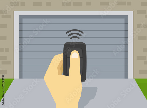Close-up of hand holding garage door opener. Remote controller opens the door. Outdoor view. Flat vector illustration template.