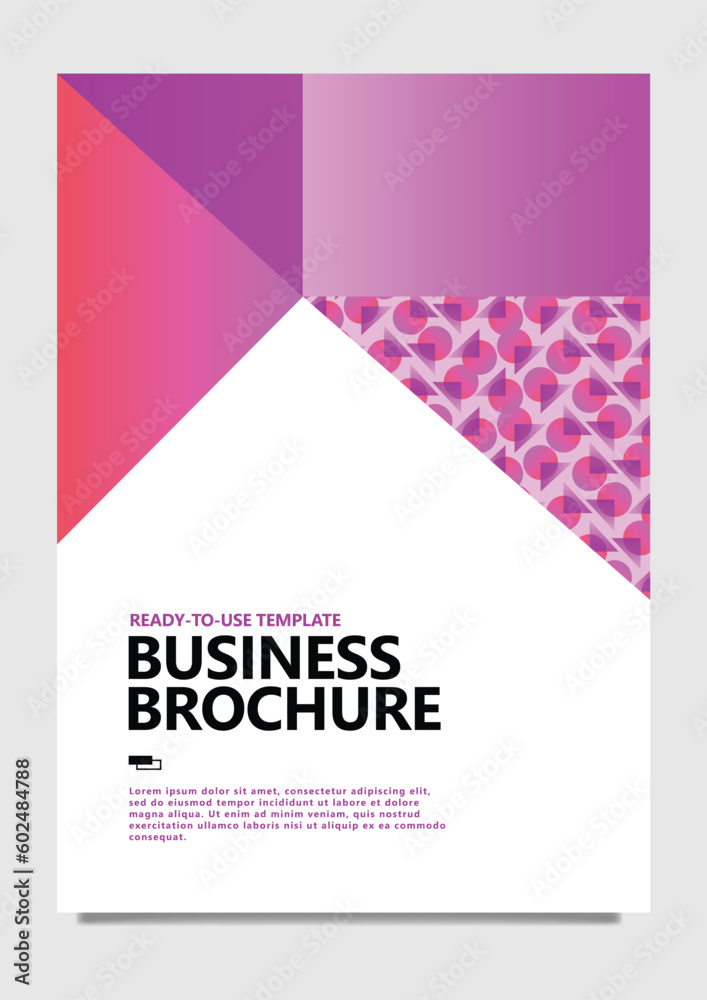 Vector business brochure using soft pink and purple gradient and geometric pattern. Suitable for book, magazine, catalog, template, annual report, and publication. Vector business brochure using soft pink and purple gradient and geometric pattern. Suitable for book, magazine, catalog, template, annual report, and publication.