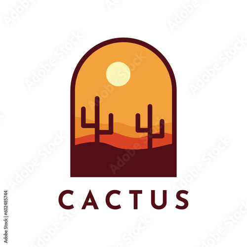 Desert landscape logo with cactus, mountain desert with sun