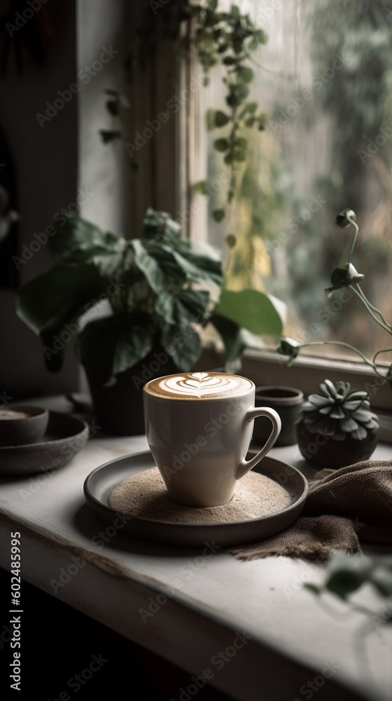 Coffee with froth on the table with plants in the background. Generative AI image Coffee with froth on the table with plants in the background. Generative AI image