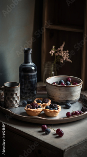 Fresh berry tarts on a tray with a jug and cup. Generative AI image