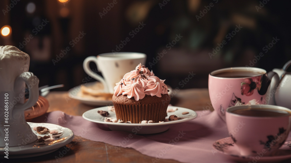 Coffee cup, cupcake in pink romantic colors. Generative AI image Coffee cup, cupcake in pink romantic colors. Generative AI image