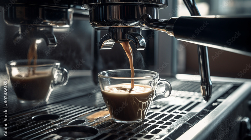 Espresso machine poured over a cup of coffee. Generative AI image Espresso machine poured over a cup of coffee. Generative AI image