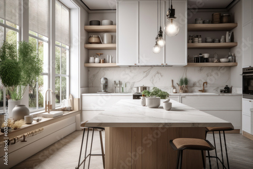 Exclusive kitchen interior with a fashionable and sophisticated design, featuring a sleek marble countertop and contemporary wooden stools. AI Generative.