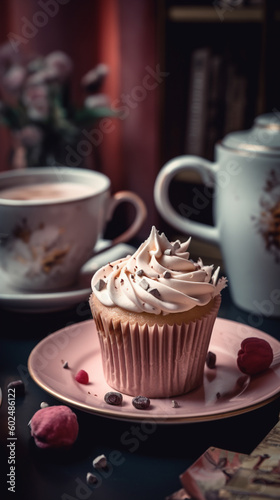 Coffee cup, cupcake in pink romantic colors. Generative AI image
