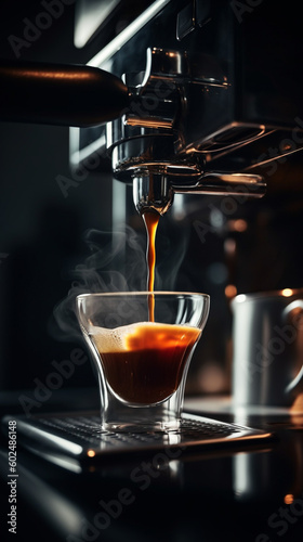 Espresso machine poured over a cup of coffee. Generative AI image