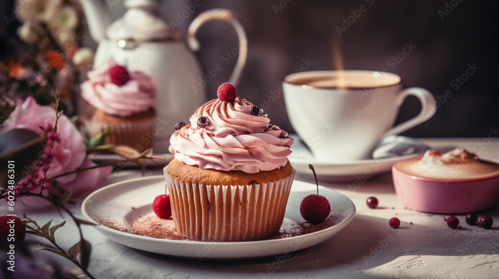 Coffee cup, cupcake in pink romantic colors. Generative AI image Coffee cup, cupcake in pink romantic colors. Generative AI image